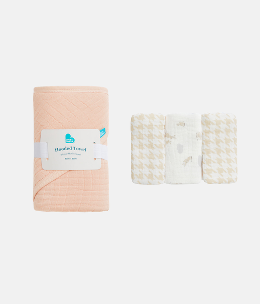 Baby Bath Bundle | Hooded Towel, Wash Cloth | Blush