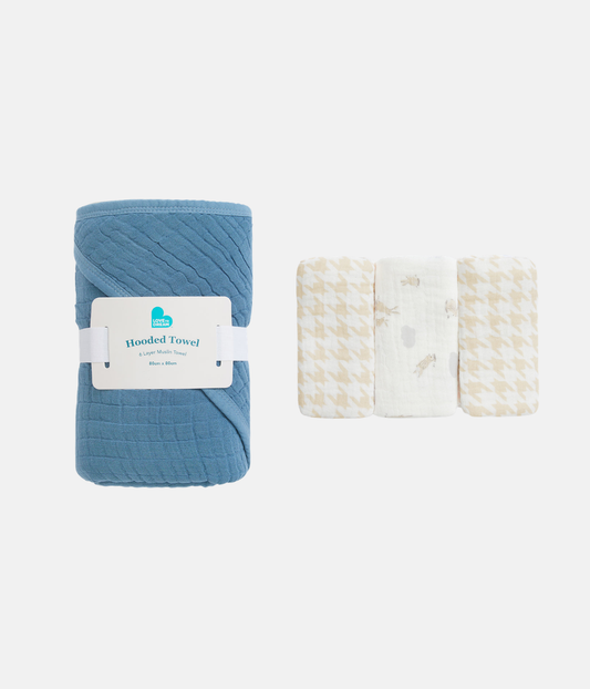 Baby Bath Bundle | Hooded Towel, Wash Cloth | Storm Blue